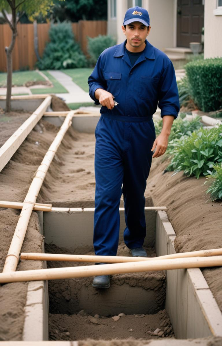 Plumber working inside a rectangular trench